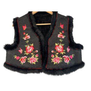 Handmade Vest Reversible M Embroidered Fur Trim Quilted RHH10571 BOHO Open Crop